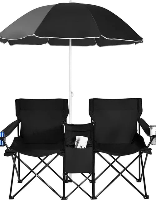 Load image into Gallery viewer, Portable Folding Picnic Double Chair W/Umbrella Table Cooler Beach Camping Chair for Patio Pool Park Outdoor
