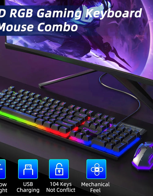 Load image into Gallery viewer, Gaming Keyboard &amp; Mouse, 104 Keys Rainbow LED RGB Backlit Quiet Computer Keyboard, Multimedia Keys, 26 Anti-Ghosting Keys, Waterproof Light up USB Wired Keyboard for PC Gamers Desktop Computer Laptop
