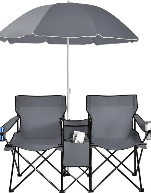 Load image into Gallery viewer, Portable Folding Picnic Double Chair W/Umbrella Table Cooler Beach Camping Chair for Patio Pool Park Outdoor
