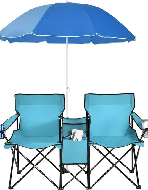 Load image into Gallery viewer, Portable Folding Picnic Double Chair W/Umbrella Table Cooler Beach Camping Chair for Patio Pool Park Outdoor
