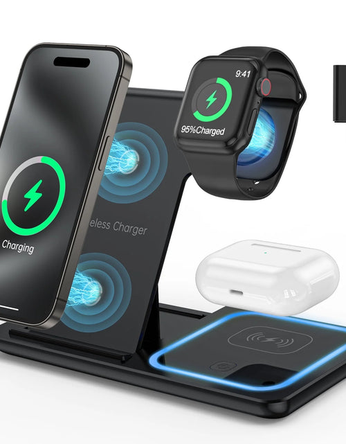 Load image into Gallery viewer, 3 in 1 Wireless Charger, 18W Fast Charging Station for Iphone 15/14/13/12 /11/Pro Max/12 Pro /Xr,Wireless Charging Stand for Iwatch Series SE 9/8/7/6/5/4/3, Airpods Pro/3/2 (With QC3.0 Adapter)
