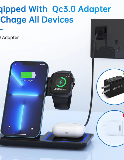 Load image into Gallery viewer, 3 in 1 Wireless Charger, 18W Fast Charging Station for Iphone 15/14/13/12 /11/Pro Max/12 Pro /Xr,Wireless Charging Stand for Iwatch Series SE 9/8/7/6/5/4/3, Airpods Pro/3/2 (With QC3.0 Adapter)
