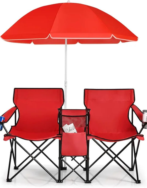 Load image into Gallery viewer, Portable Folding Picnic Double Chair W/Umbrella Table Cooler Beach Camping Chair for Patio Pool Park Outdoor
