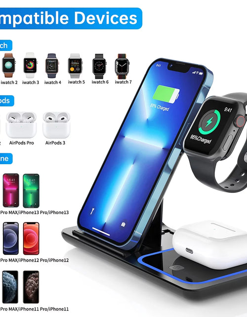 Load image into Gallery viewer, 3 in 1 Wireless Charger, 18W Fast Charging Station for Iphone 15/14/13/12 /11/Pro Max/12 Pro /Xr,Wireless Charging Stand for Iwatch Series SE 9/8/7/6/5/4/3, Airpods Pro/3/2 (With QC3.0 Adapter)
